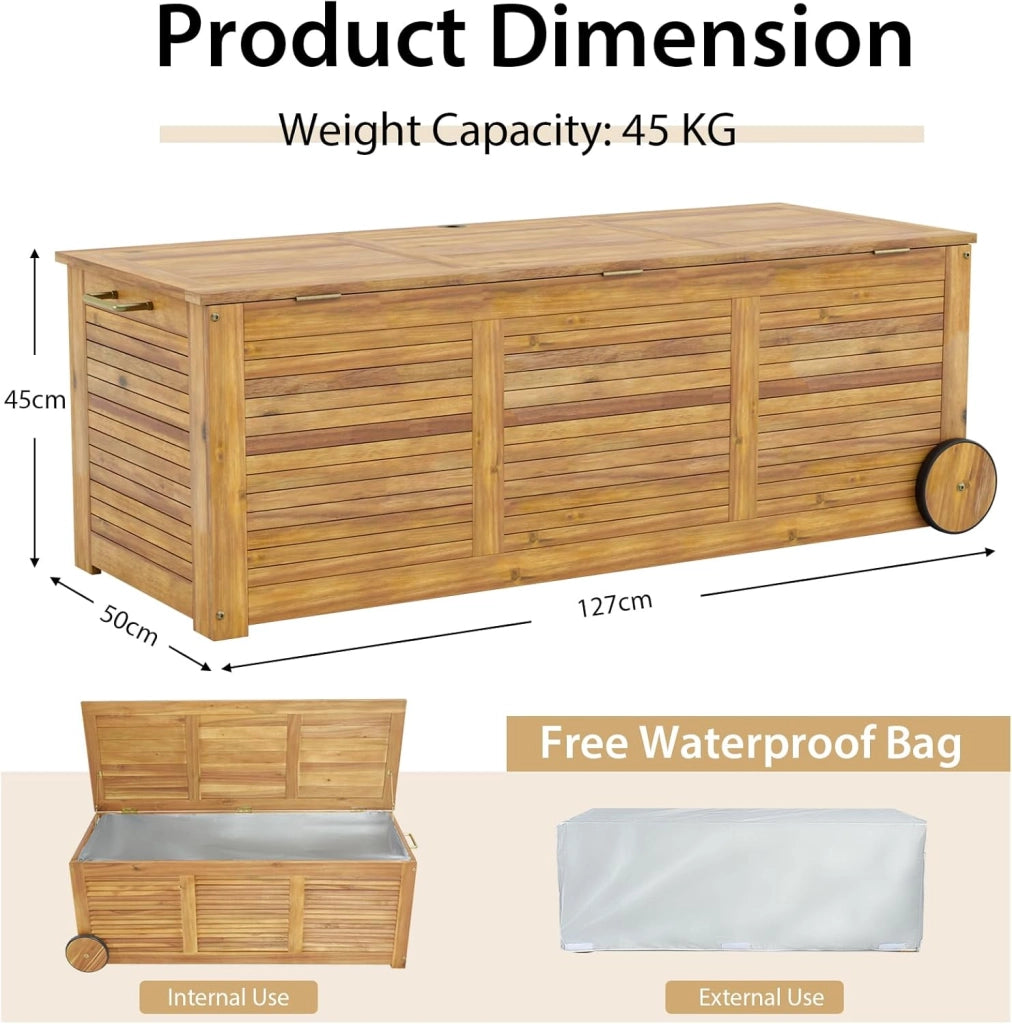 Baule da Giardino 182 L con Ruote e Maniglie, Contenitore da Esterno con Borsa Interna Resistente all'Acqua, Cassapanca Contenitore da Interno in Legno di Acacia, 127 x 50 x 45 cm