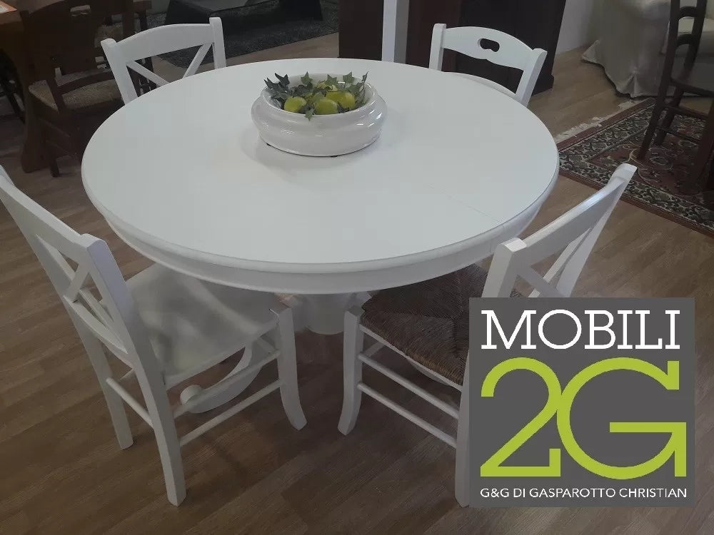 Tavolo arte povera rotondo colore bianco opaco d.120, 1 allunga 40 centimetri (1453) - Mobili 2G
