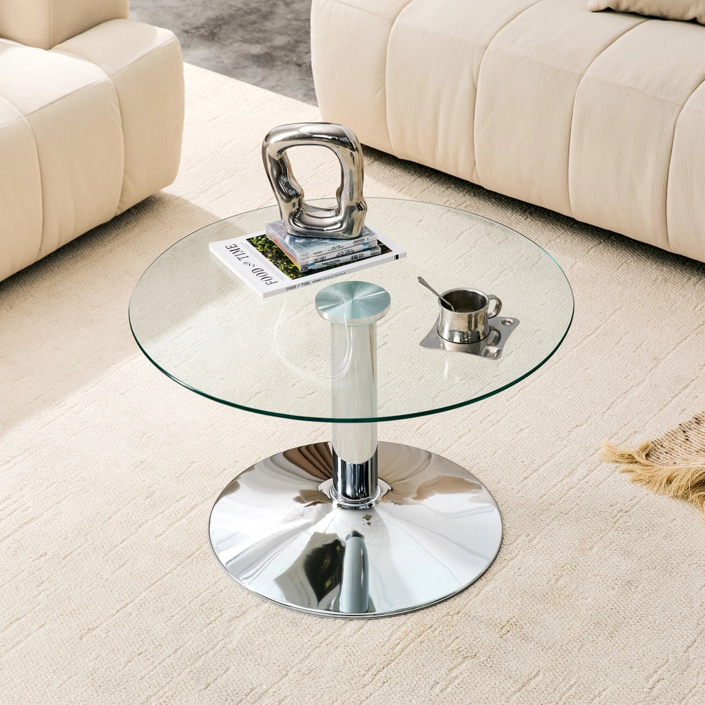 Tavolino da caffè rotondo in vetro temperato 70 cm, struttura in metallo, colore Silver