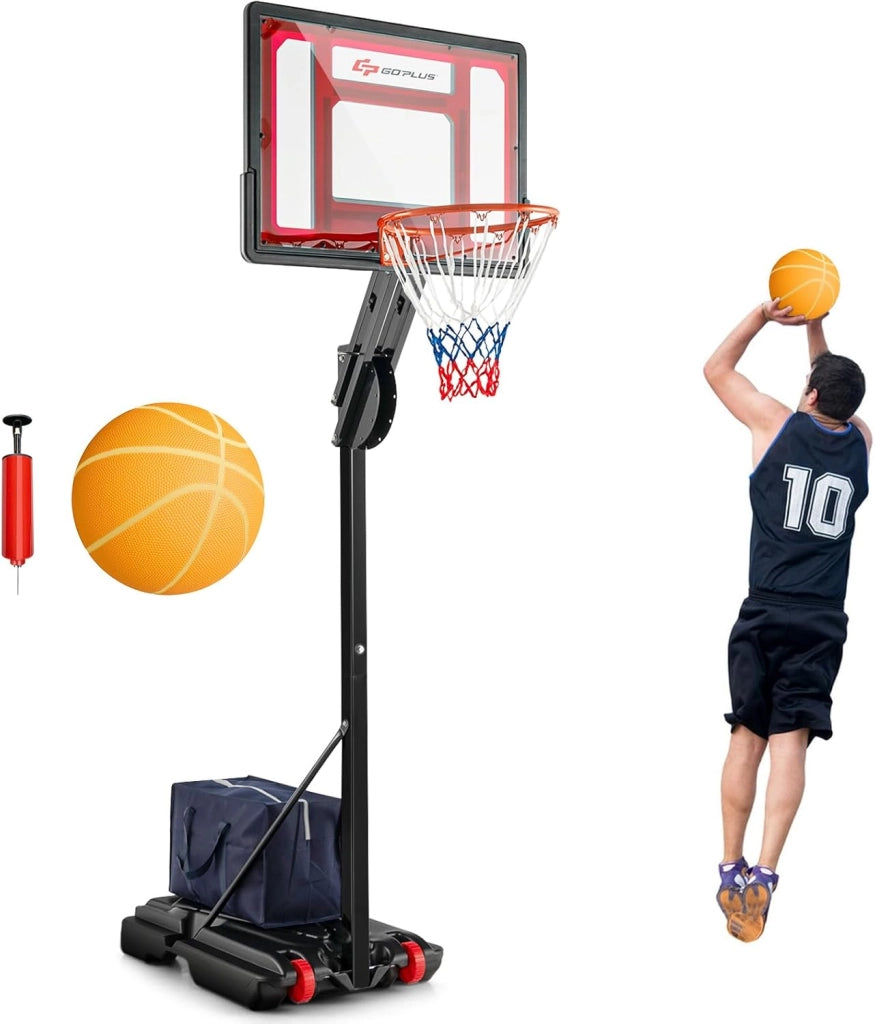 COSWAY Canestro da Basket da Esterno, Canestro da Basket Portatile e Regolabile a 10 Livelli con Tabellone da 82cm, Base Riempibile, 2 Ruote, Borsa, Pallone e Pompa