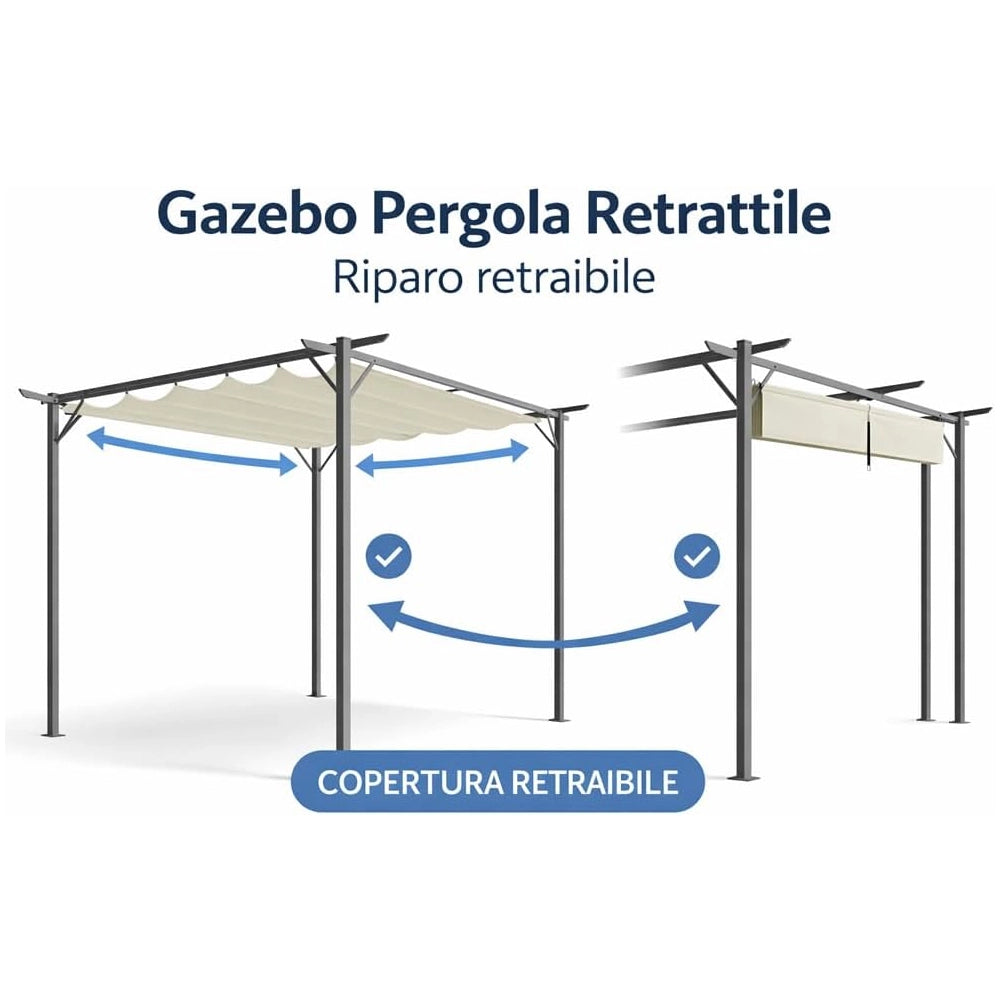 Pergola Gazebo Retrattile da Giardino 3x4 Metri Beige Anti UV e Impermeabile
