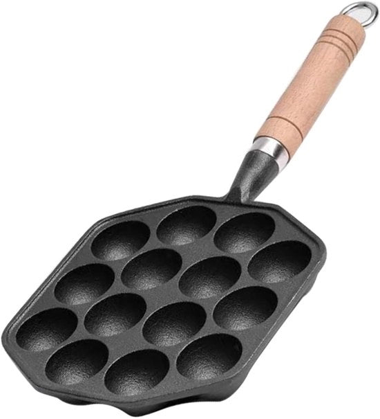 Piatto per Takoyaki 14 Fori - Superficie in Ottone - Rivestimento Antiaderente - Resistente al Calore - Facile da Pulire - Maniglia Comoda - Piatto Grill