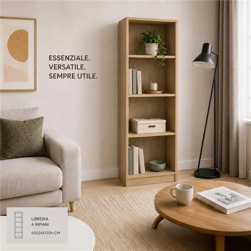 LIBRERIA IN LEGNO CON 4 RIPIANI COLORE ROVERE DIMENSIONI 60X24X170 CM