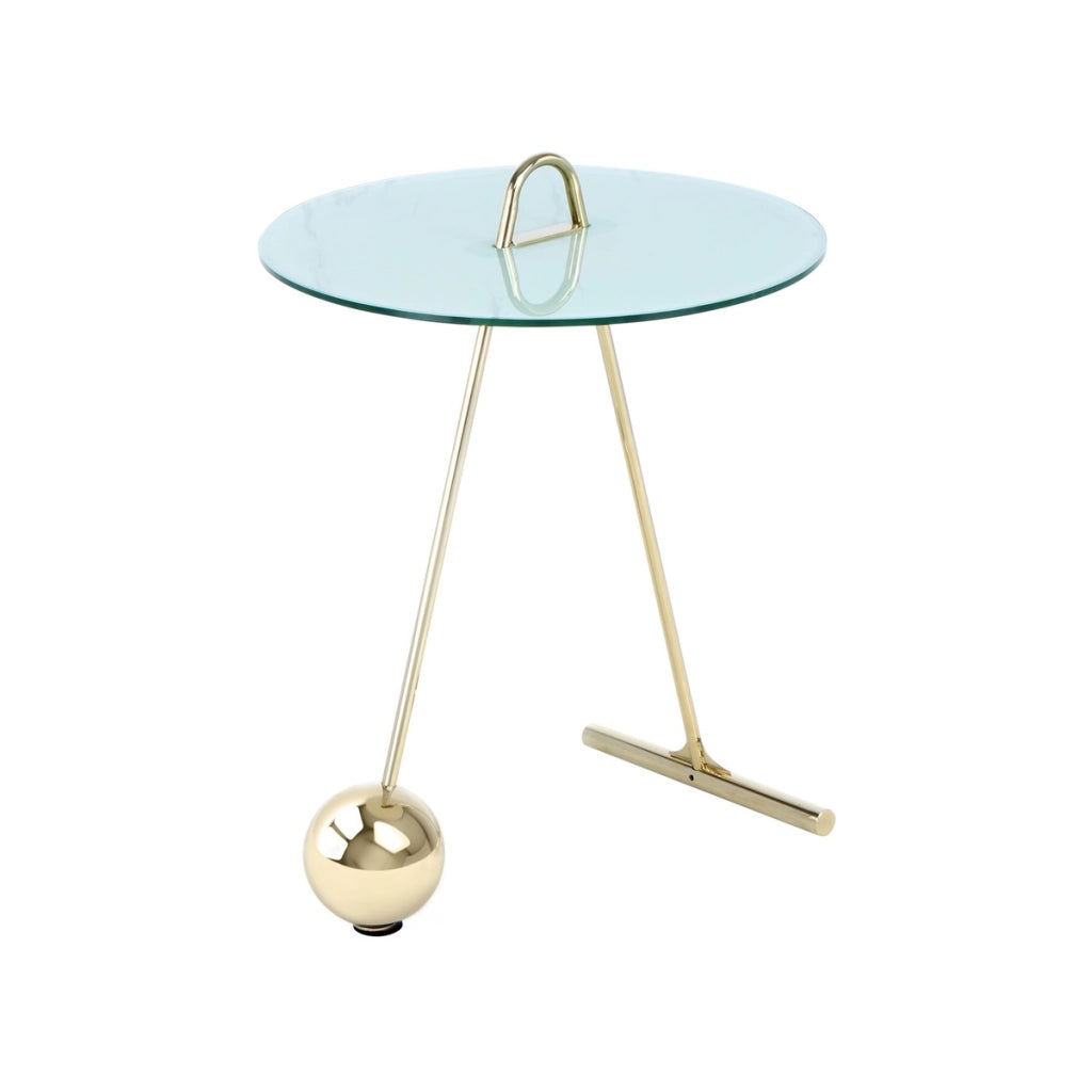 Tavolino Pendulum in Acciaio Oro e Vetro Marmo Bianco