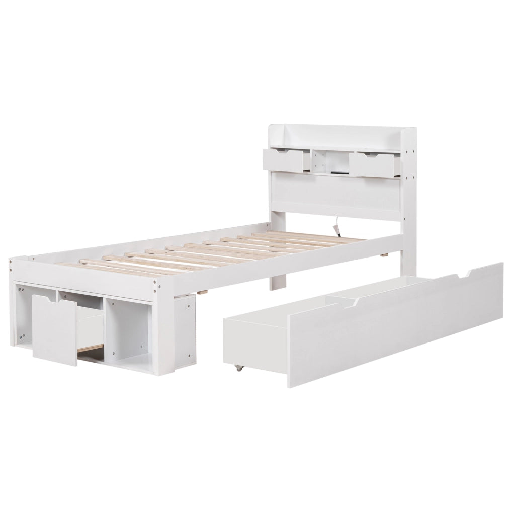 Letto singolo 90x200 cm con USB e grande spazio; pino e MDF; bianco (Senza materasso)