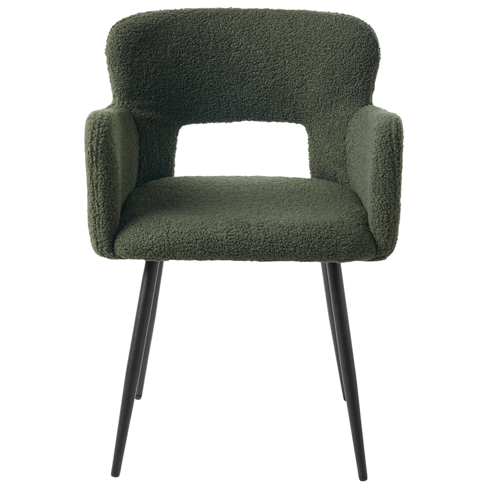 Set di 2 sedie da pranzo bouclè verde scuro braccioli schienale intagliato gambe in metallo moderna industriale
