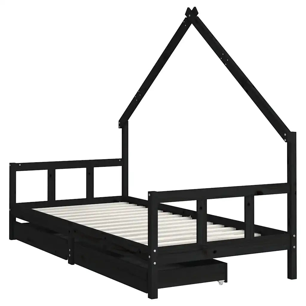 Giroletto Bambini | Letto Infantile | Lettino con Cassetti Nero 90x200cm Massello di Pino