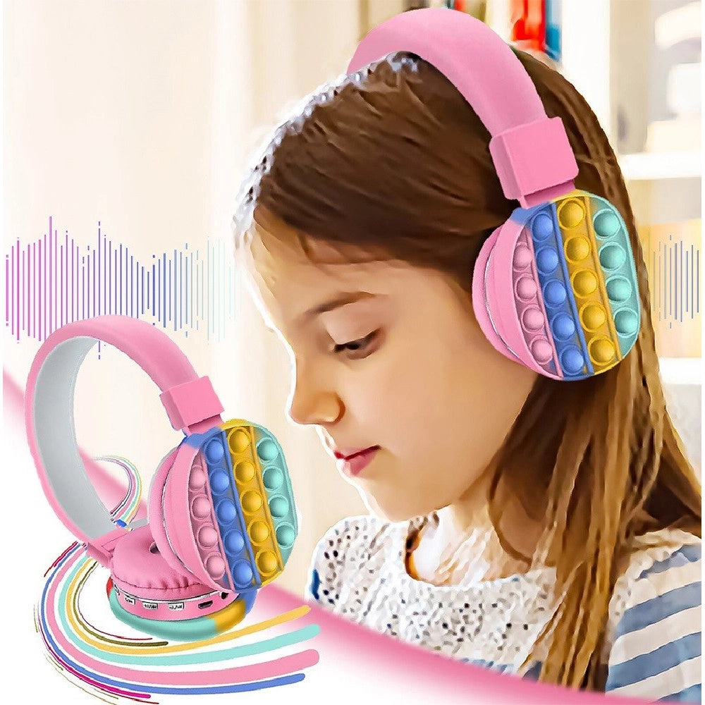 Trade Shop - Cuffie Popit Rosa Bambine Wireless Radio Bluetooth Arcobaleno Pieghevole Sd Usb -