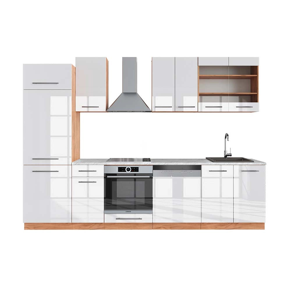 Cucina componibile Fame-Line Bianco lucido/Rovere dorato 300 cm, PL Marmo Vicco