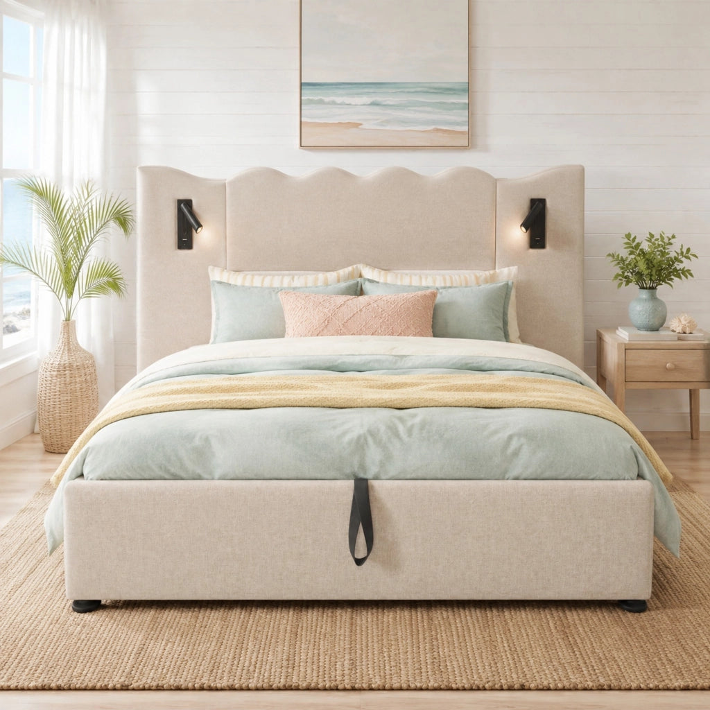 Letto matrimoniale 160x200 cm in lino beige con luce da lettura; USB Type-C e vano contenitore