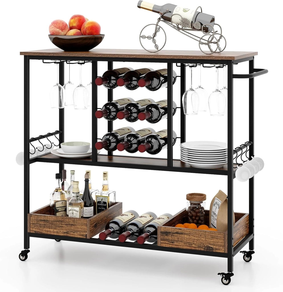 Carrello di Servizio Industriale a 3 Livelli, Carrello da Cucina con Portabicchieri, Porta Bottiglie, 107,5x40x91,5 cm