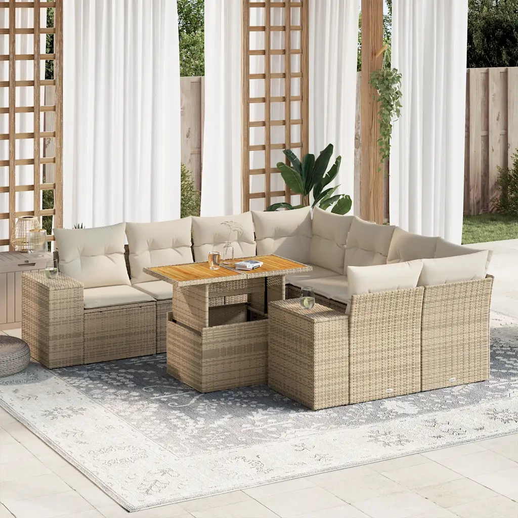 Set Divano da Giardino 9 pz con Cuscini Beige in Polyrattan 3327355