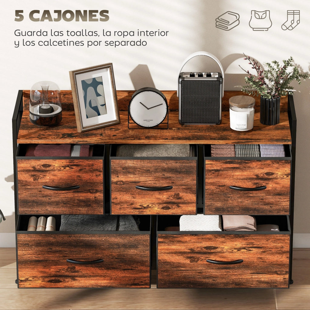 Cassettiera 5 Cassetti ¨C Xylo ¨C Tessuto Marrone Metallo Stile Industriale 98x29x63 cm