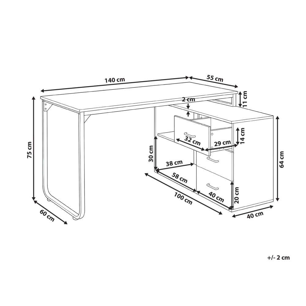 Scrivania da ufficio domestico angolare con 2 ripiani e 3 cassetti Pannello truciolare Gambe in ferro 140 x 100 cm Bianco