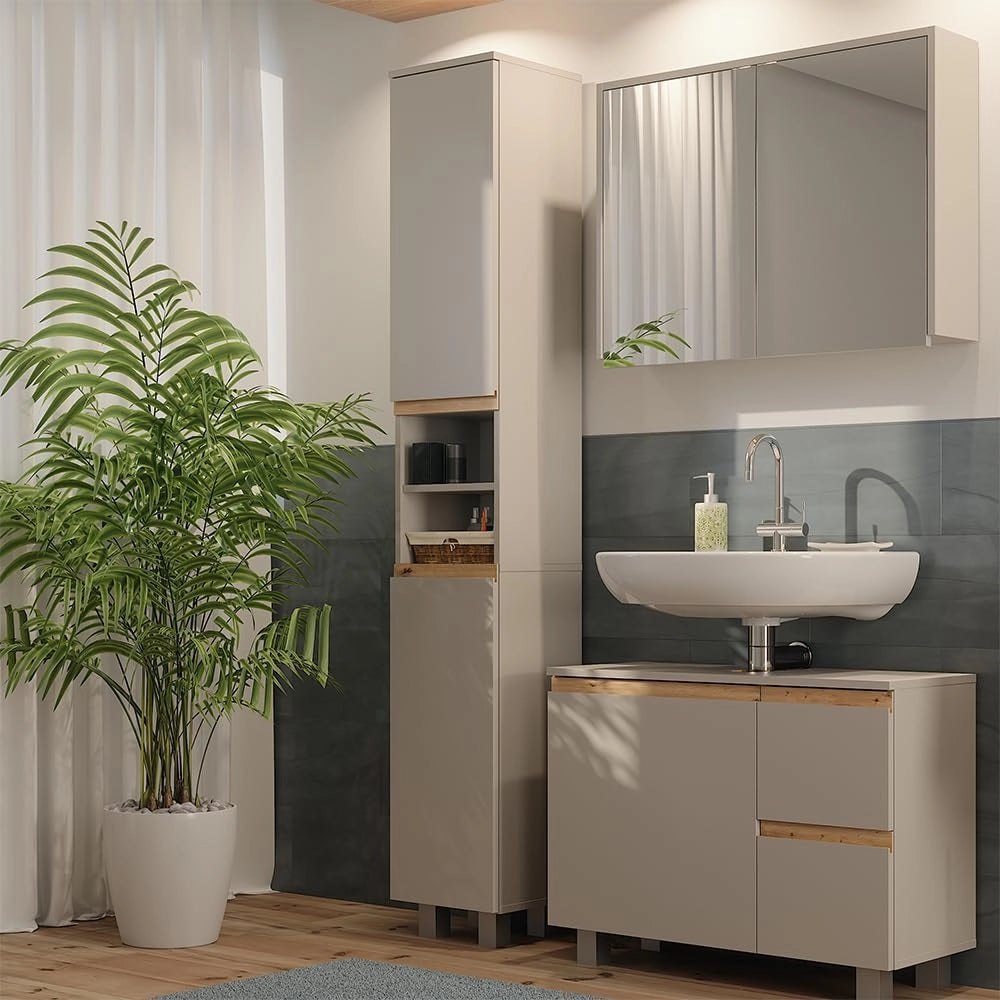 Armadio per il bagno J-Shape, Cashmere/Artigianale, 30.2 x 190 cm con 2 porte, per la conservazione di articoli da bagno e prodotti per l'igiene