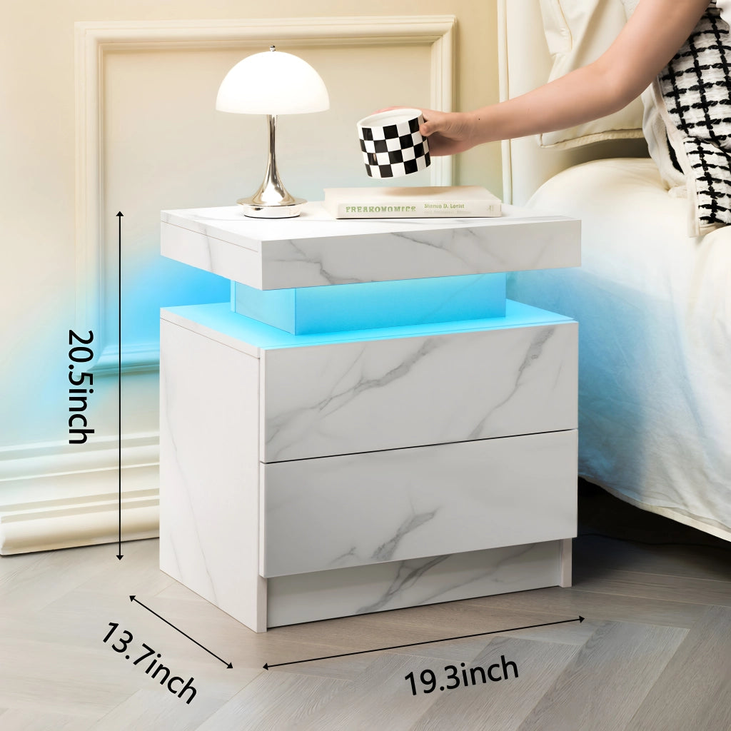 Comodino con LED regolabili, 2 cassetti e vano aperto, per camera da letto, bianco opaco, in legno ingegnerizzato