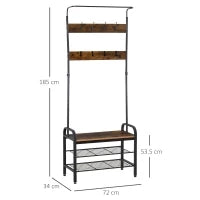 Appendiabiti da Terra in Stile Industriale con Scarpiera, 3 Ripiani e 8 Ganci, Legno MDF e Metallo, 72x34x185cm, Nero e Legno
