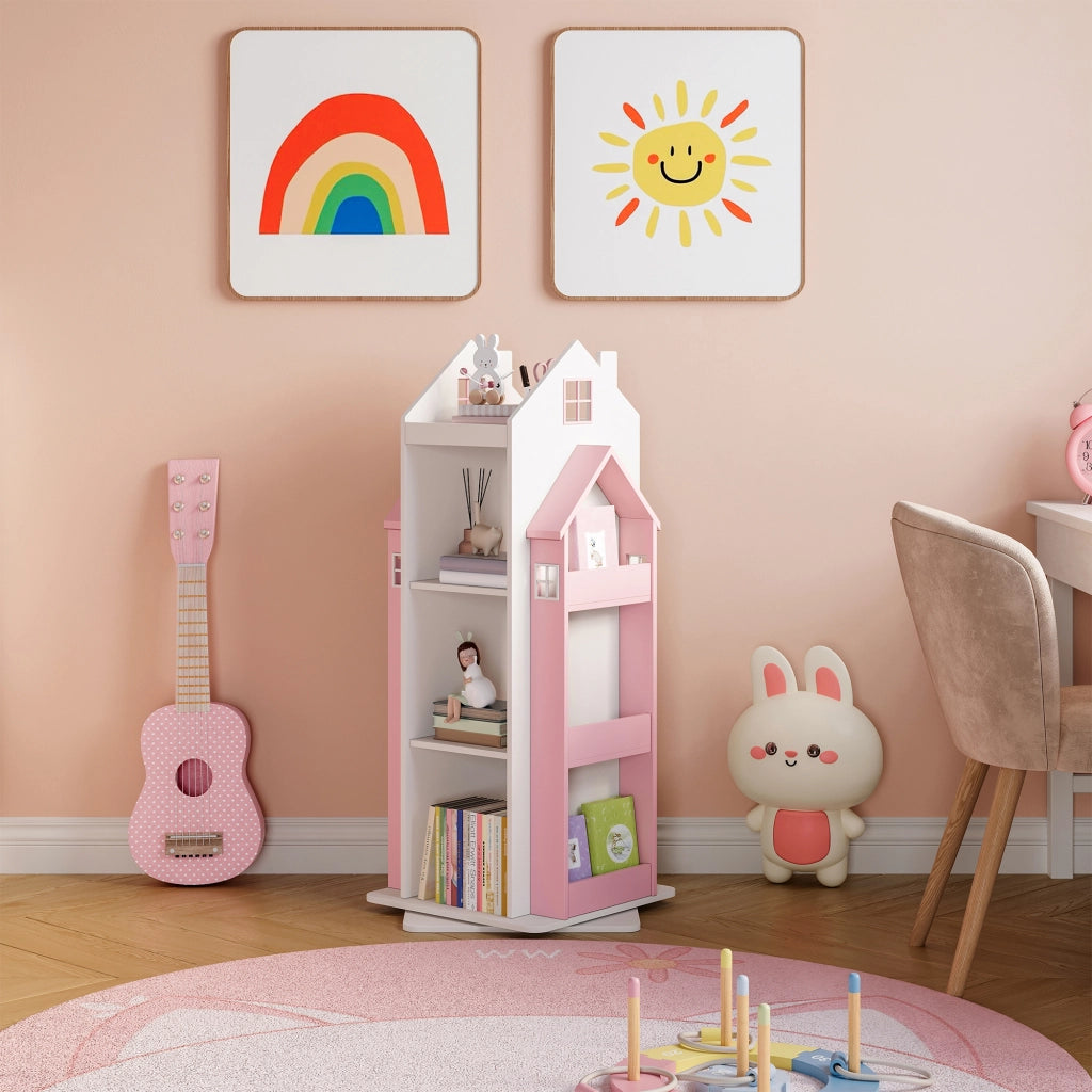 Scaffale Girevole Vipsali per Cameretta Design Casetta 108x40x40 cm Rosa / Bianco [en.casa]