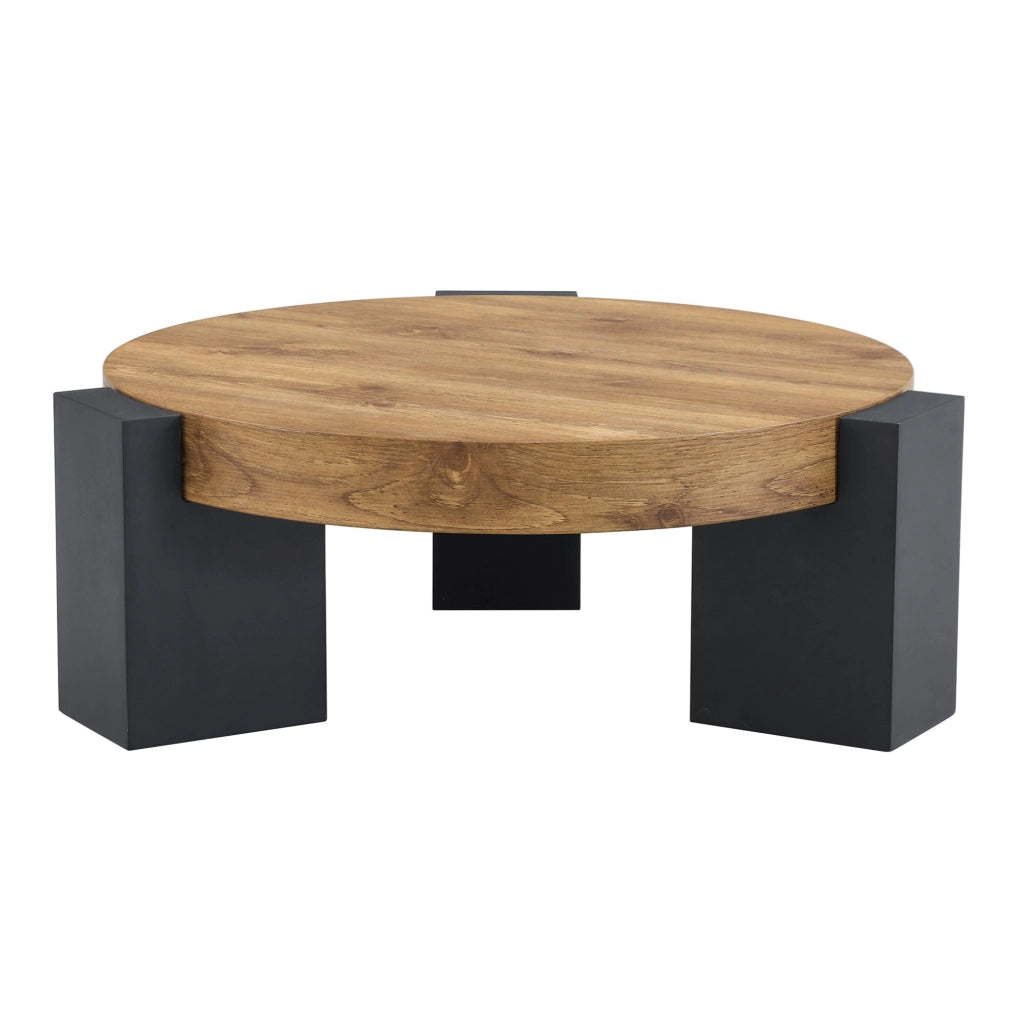 Tavolino da caffè rotondo a due livelli in MDF e vetro; nero e effetto legno; set 61 cm e 44 cm