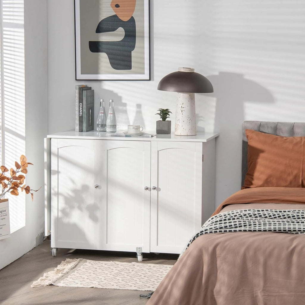 2 in 1 Mobiletto Cucito, Tavolo Cucire Pieghevole, con 4 Ruote, Armadio Versatile in Legno, per Salone/Salotto/Ufficio, Carico di 55kg, 158,5x50x74cm (Bianco)