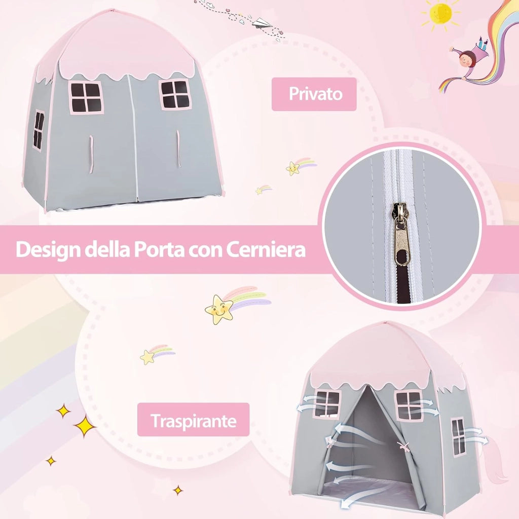 Tenda da Gioco per Bambini, Tenda per Cameretta con Borsa, Tappetino Antiscivolo, Design con Chiusura Lampo, Finestre Traspiranti, Ideale per Bambini e Bambine 3 Anni+ (Rosa)