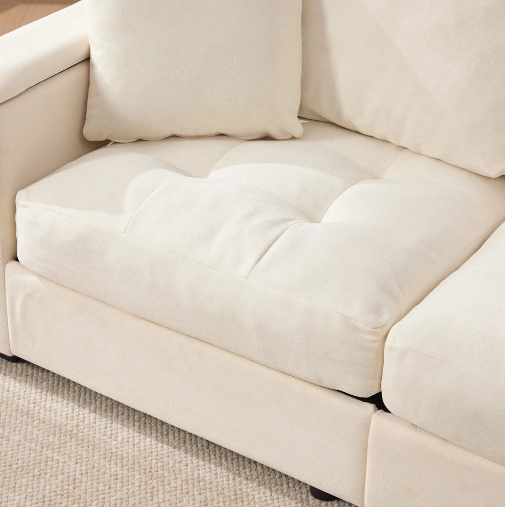 Divano 2 posti ULEVR beige in chenille con vani nei braccioli, tasche laterali e 2 cuscini, portata 500 kg