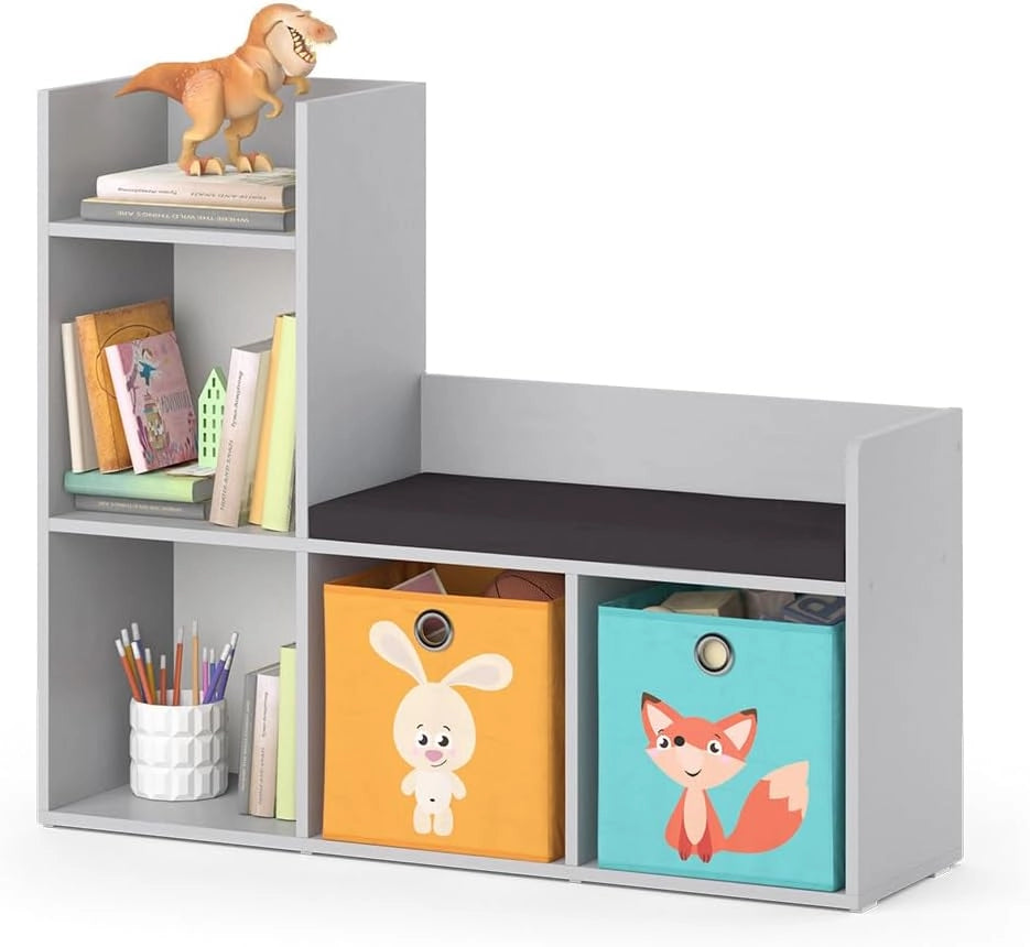 Scaffale per bambini Luigi, Grigio, 107.2 x 88.6 cm con 2 scatole pieghevoli opt.2, con seduta imbottita e quattro ripiani aperti