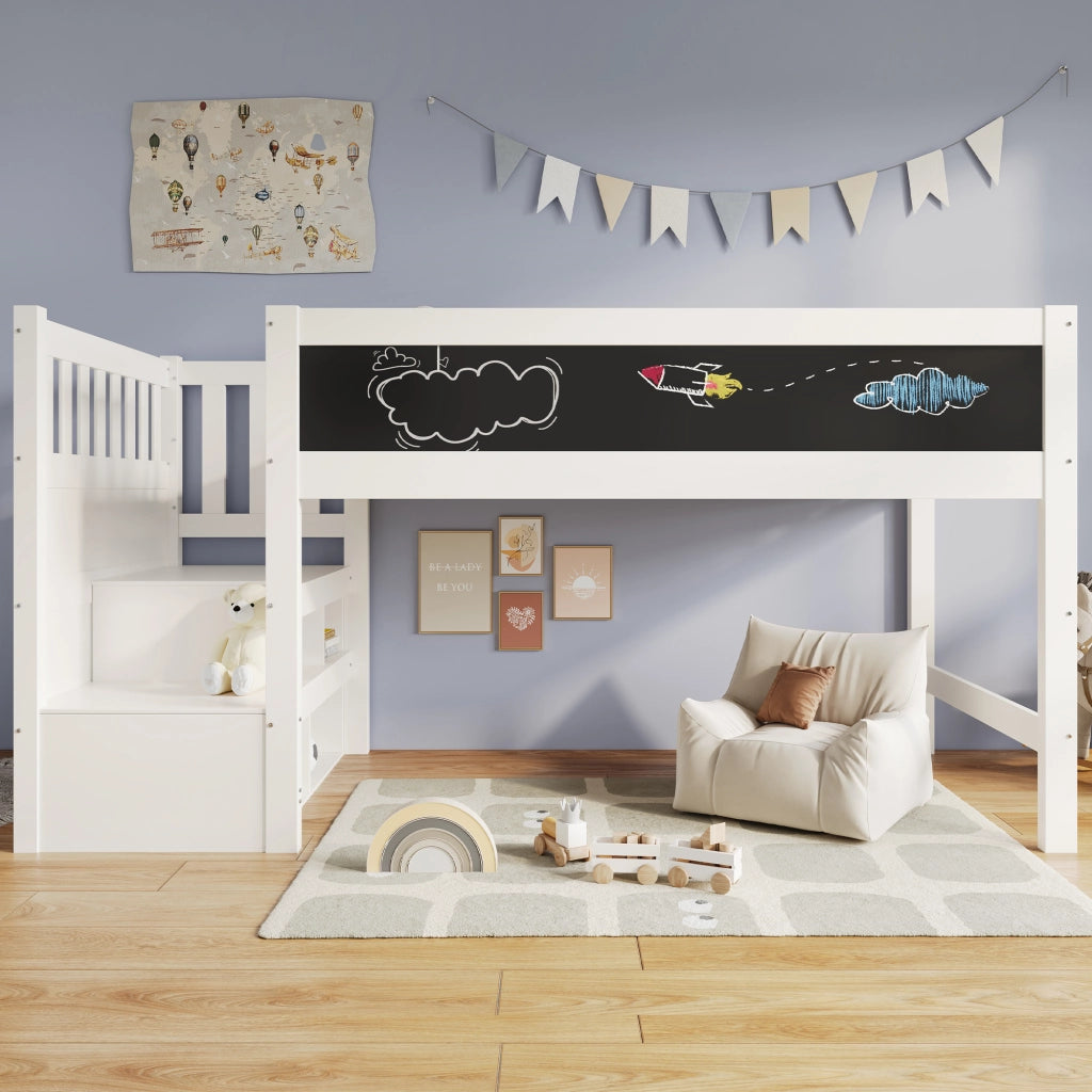 OKWISH Letto a soppalco 90×200 cm, Letto Singolo con Lavagna Nera o Bianca, Scala con Contenitori e Sponda, senza Materasso, Bianco