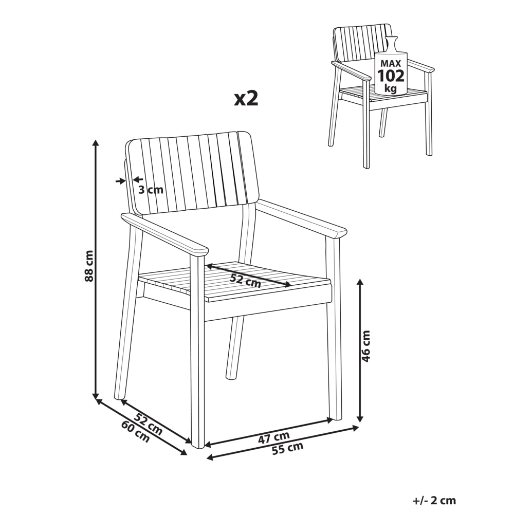 Set di 2 sedie da pranzo da giardino in legno chiaro di acacia per esterni