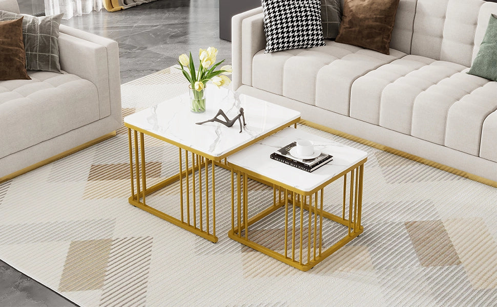 TAVOLINO DA CAFFÈ Quadrato Set 2 pezzi 60x60/45x45 cm Effetto Marmo Bianco Oro