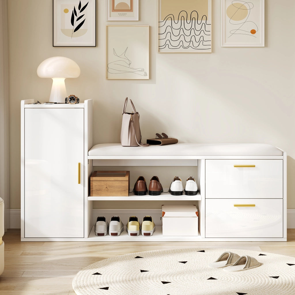 Scarpiera 128x30x68 cm con 2 cassetti; 1 anta e seduta imbottita in truciolato bianco
