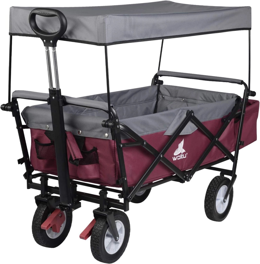 Carrello da Giardino Pieghevole con Tetto Carrello da Trasporto a Mano Rimorchio con 4 Ruote Portata 80 kg, Blu