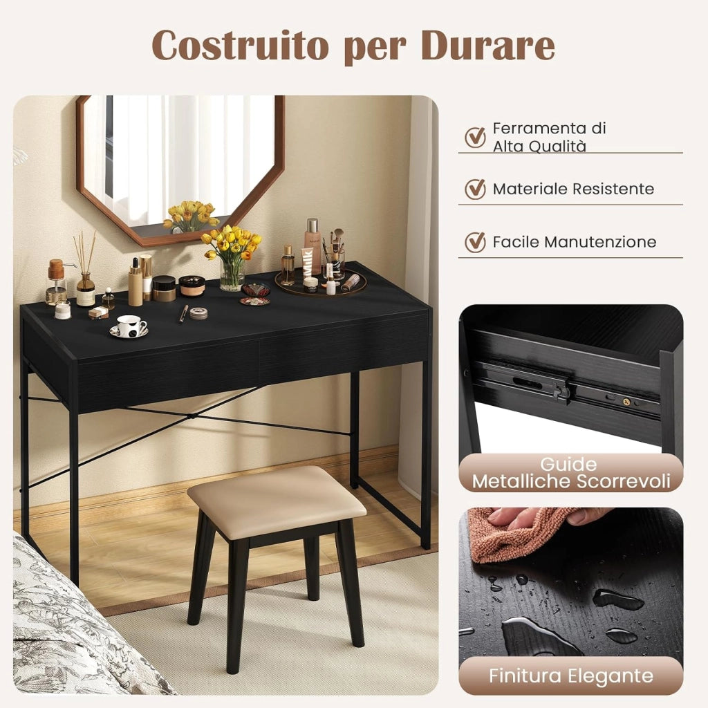 Scrivania per Computer con 2 Cassetti, Scrivania Porta PC con Telaio in Metallo e Legno, Posizione da Lavoro per Studio e Ufficio, Portata 100 kg, 112 x 48 x 76 cm (Nero)