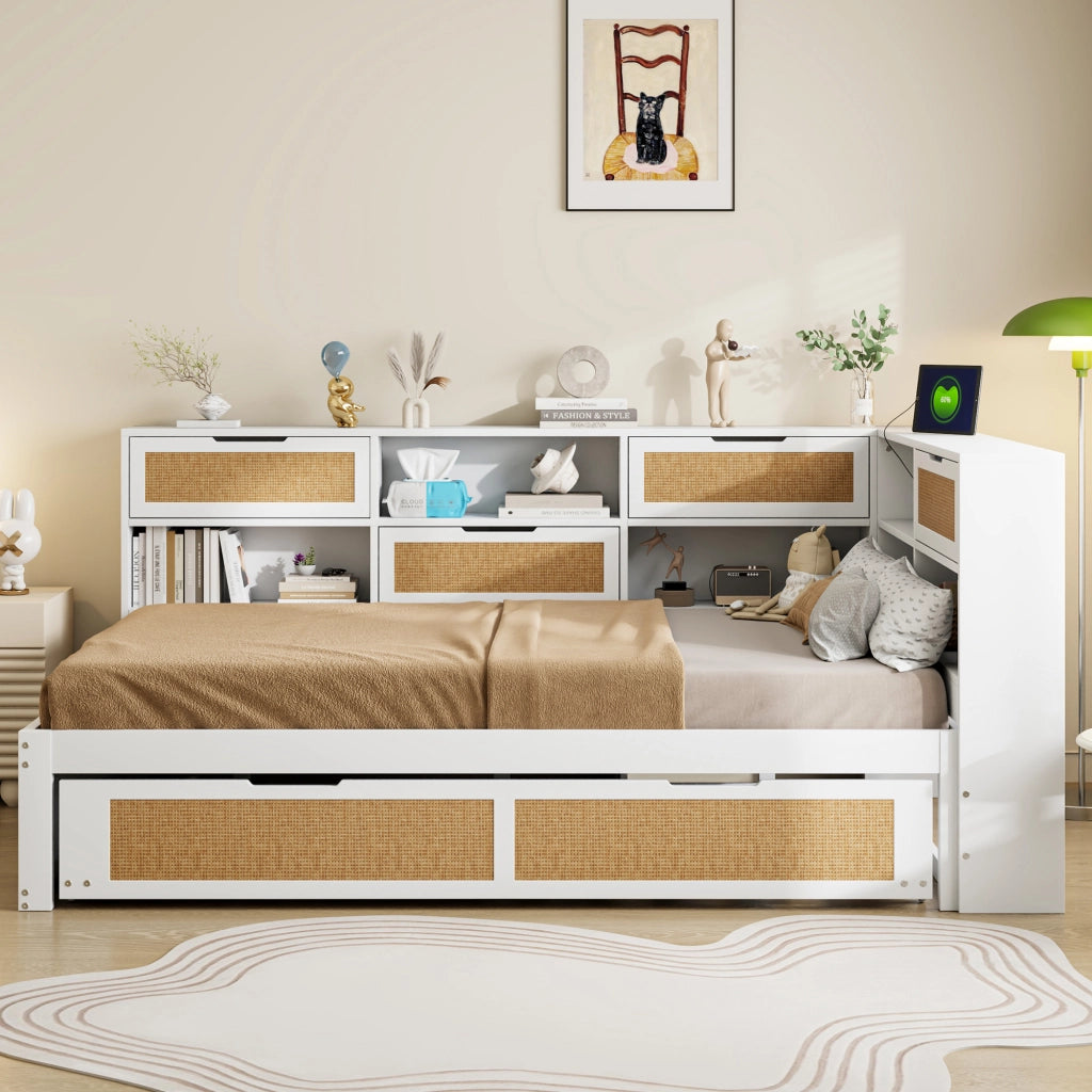Letto Estraibile 140x200 cm; Letto Singolo - USB; Presa; Contenitore in Legno Bianco