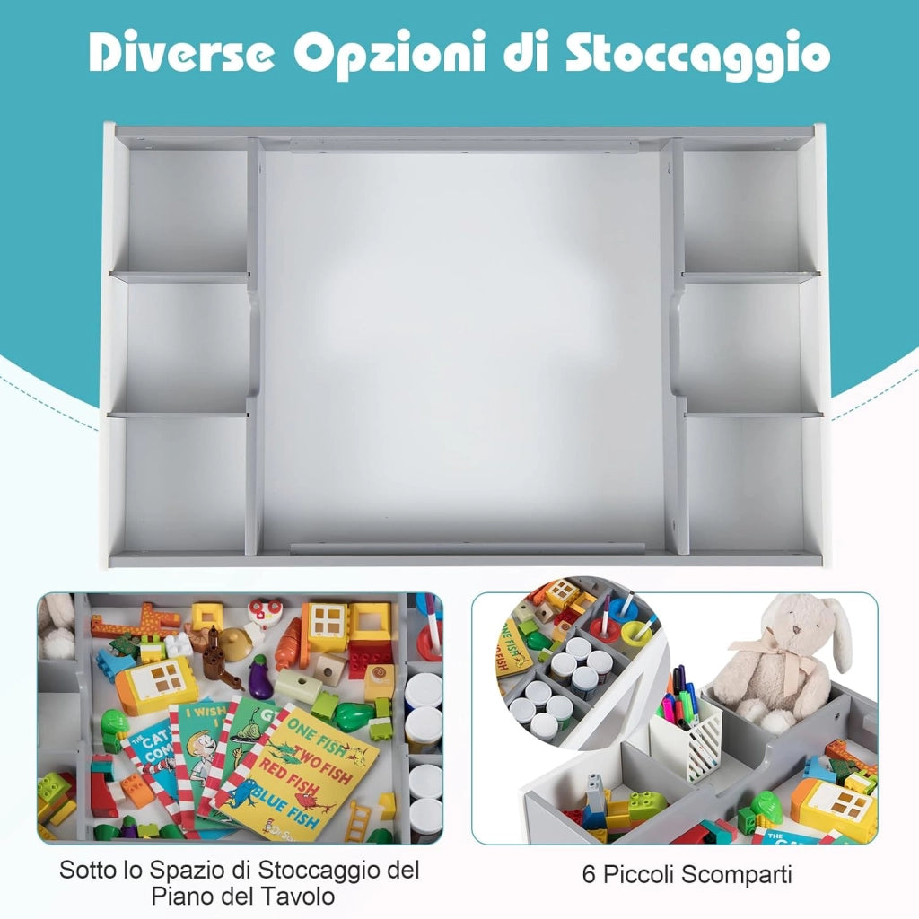 Set Tavolo Multifunzionale per Bambini e 2 Sedie, Tavolo e Sedie in Legno con Piano Doppio Rimovibile, Lavagna Nera & Lavagna Bianca, Compartimenti Laterali con Divisori Staccabili (Grigio)