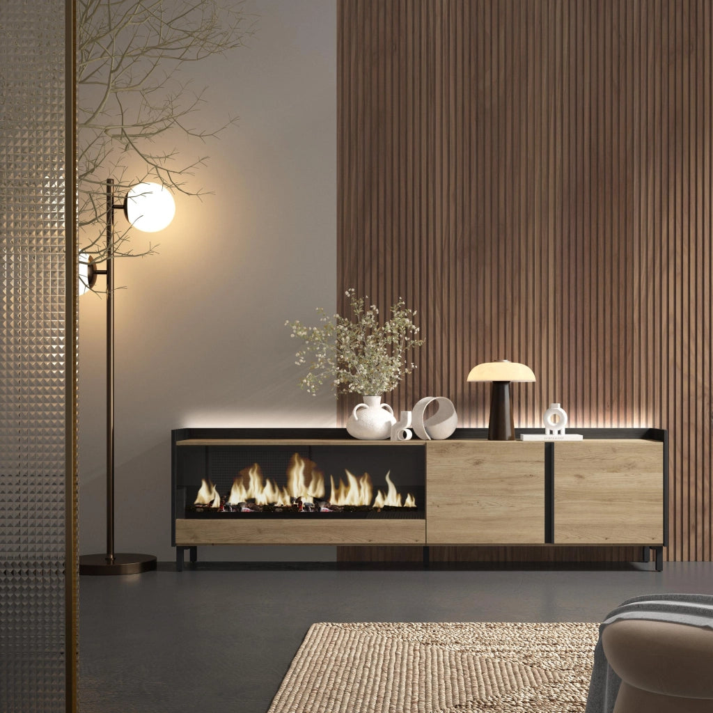 Mobile TV Soggiorno, 212x61x35 cm, Per TV fino a 80", Camino elettrico XXL, Design industriale, LED, Rovere e nero