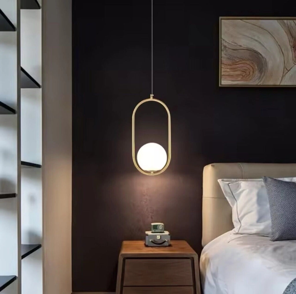 Lampadario a sospensione da soffitto in alluminio color oro bronzo con sfera e attacco per lampadine G9