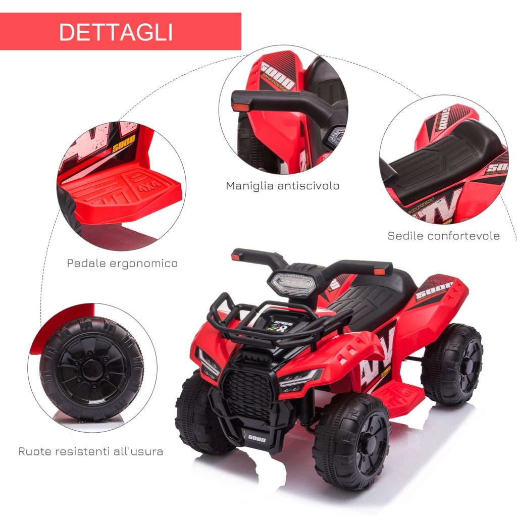 EasyComfort Quad Elettrico per Bambini con Batteria Ricaricabile 6V, Pulsante Acceleratore, Età 18-36 Mesi, 70x42x45cm, Rosso