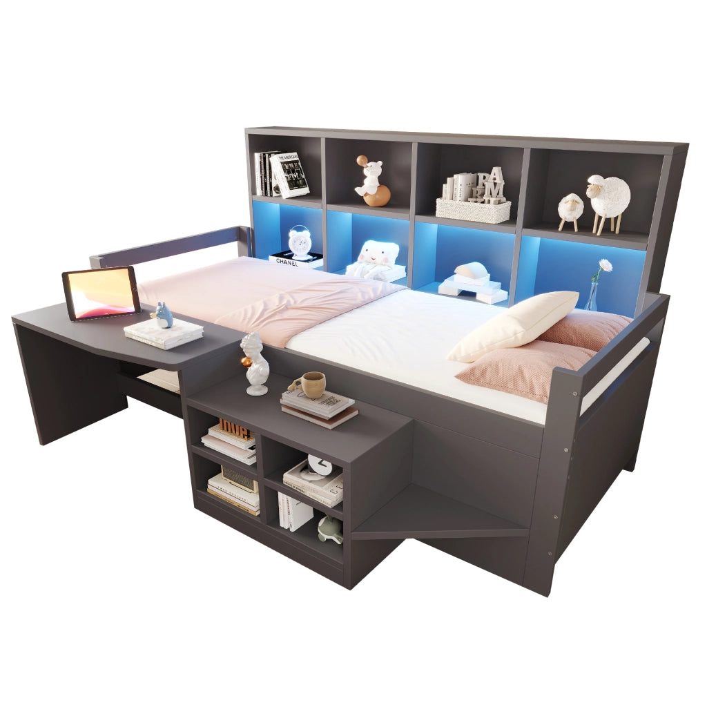 Letto a soppalco per bambini 90 × 200 cm con scrivania, vani portaoggetti, LED, USB e presa, senza materasso