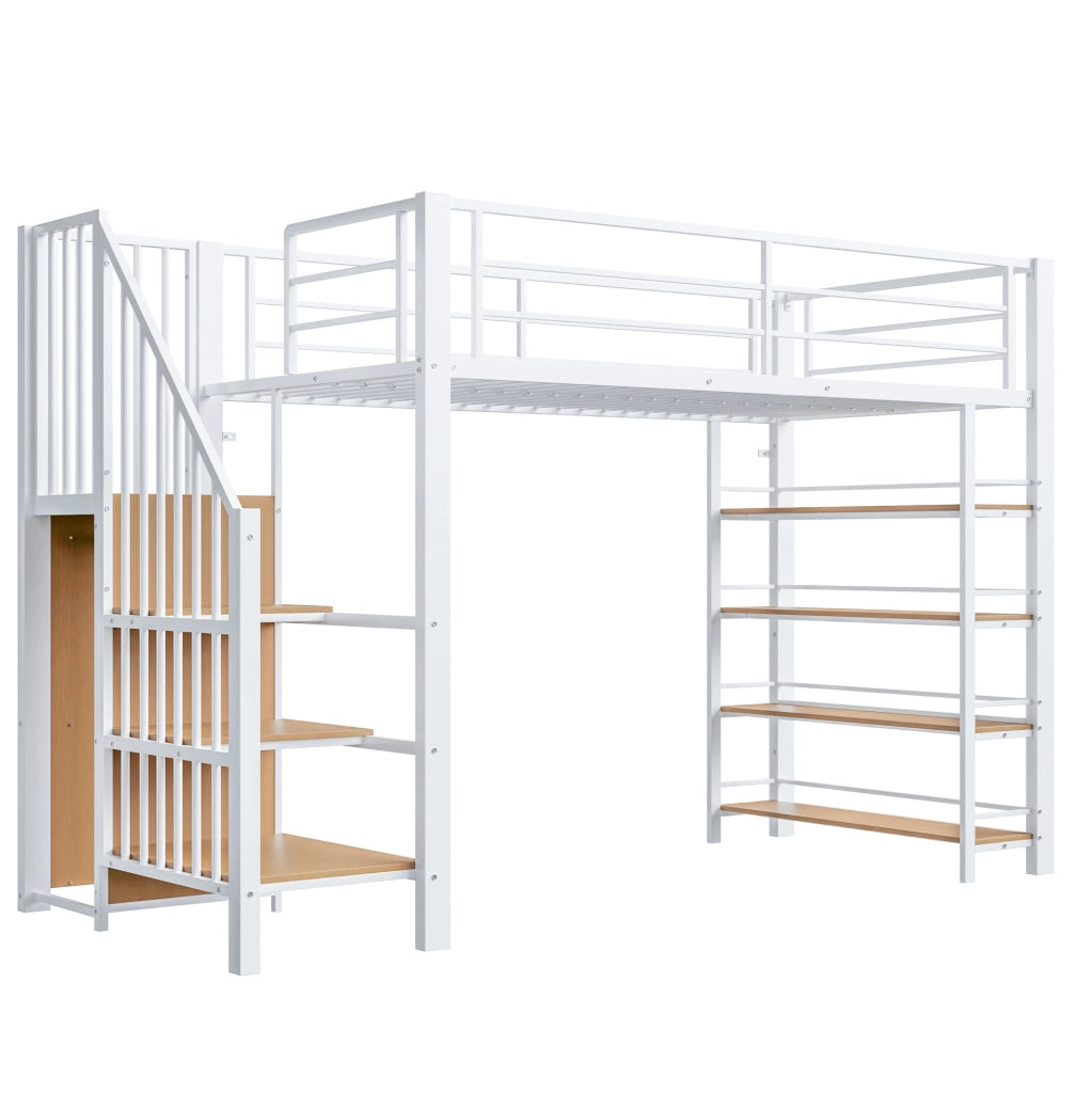 Letto a soppalco 90x200 cm con scala contenitore e armadio; bianco