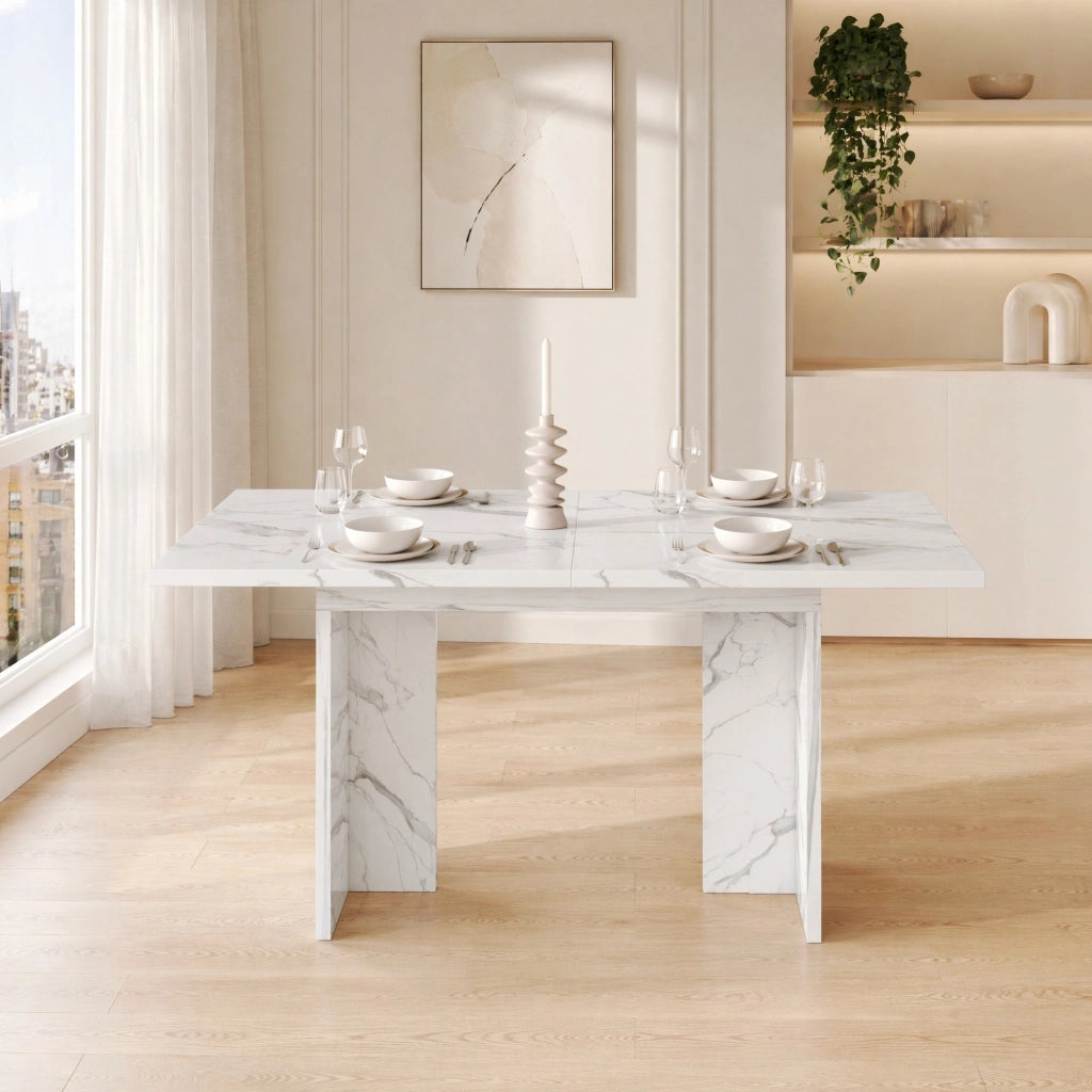 Tavolo da pranzo allungabile 140-180 cm; per 6-8 persone; MDF effetto marmo bianco
