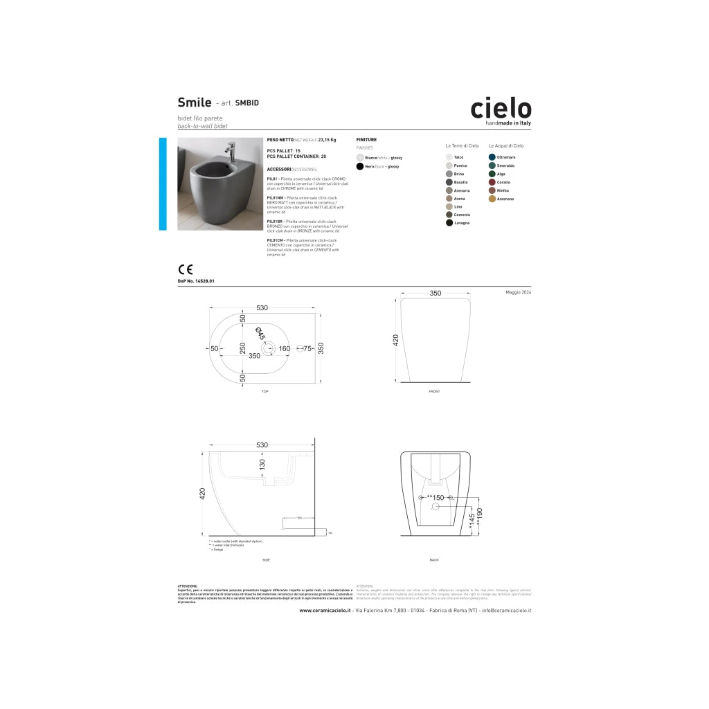 Coppia Di Sanitari Ceramica Cielo Da Terra Senza Brida Bianco Lucido "Smile 53"