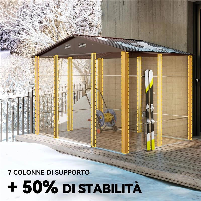 CASETTA DA GIARDINO IN ACCIAIO EFFETTO LEGNO E DOPPIE PORTE SCORREVOLI, 278X195X215 CM, MARRONE