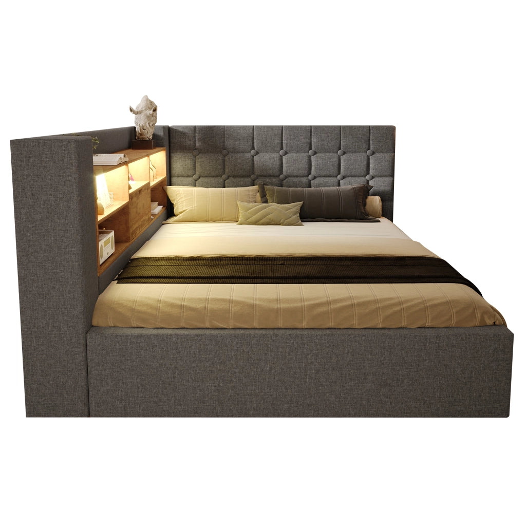 Letto matrimoniale 140x190 cm con LED, USB, contenitore idraulico, testiera a L reversibile, grigio