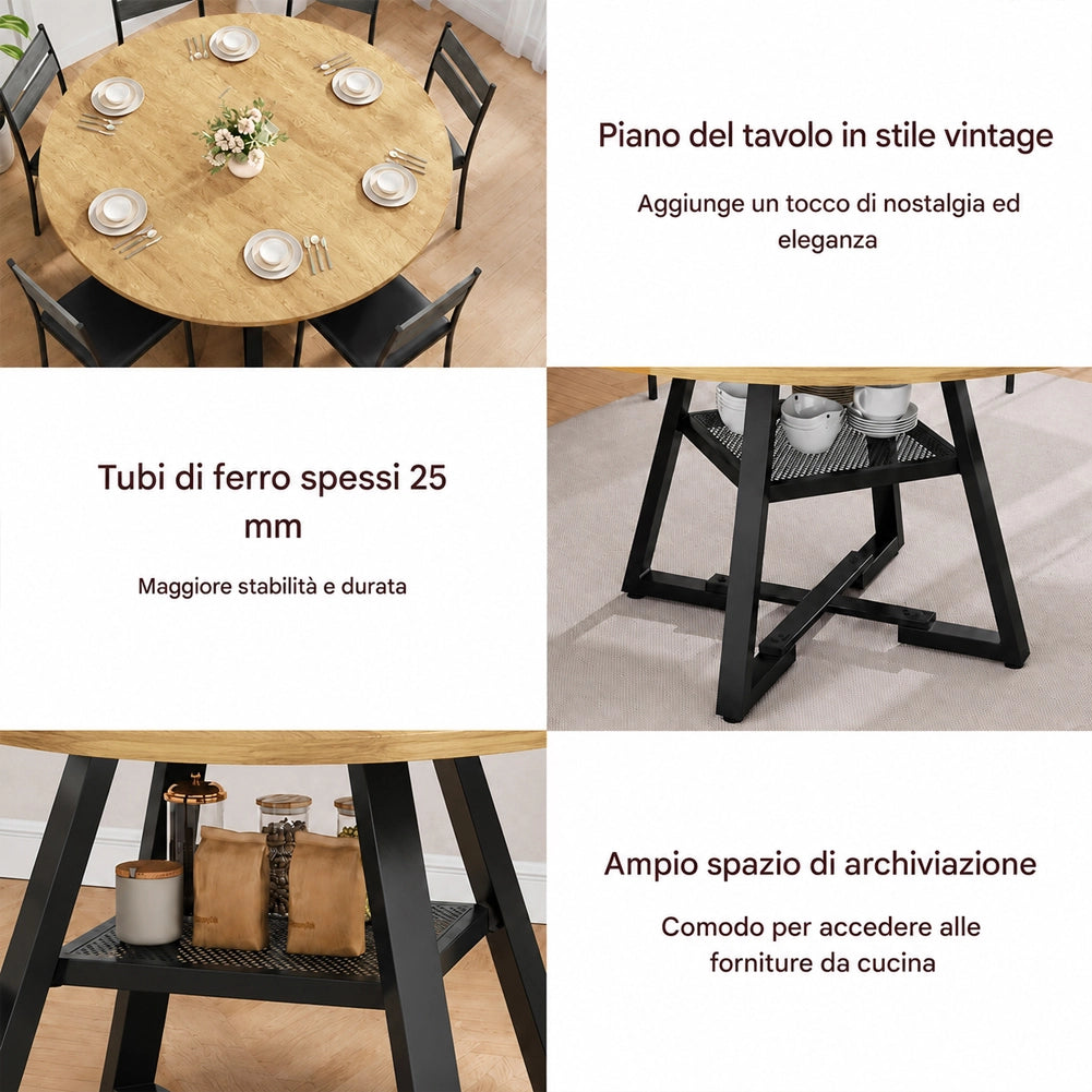 Tavolo per Sala da Pranzo Tondo Naturale con Ripiano Portaoggetti 120x120x76cm