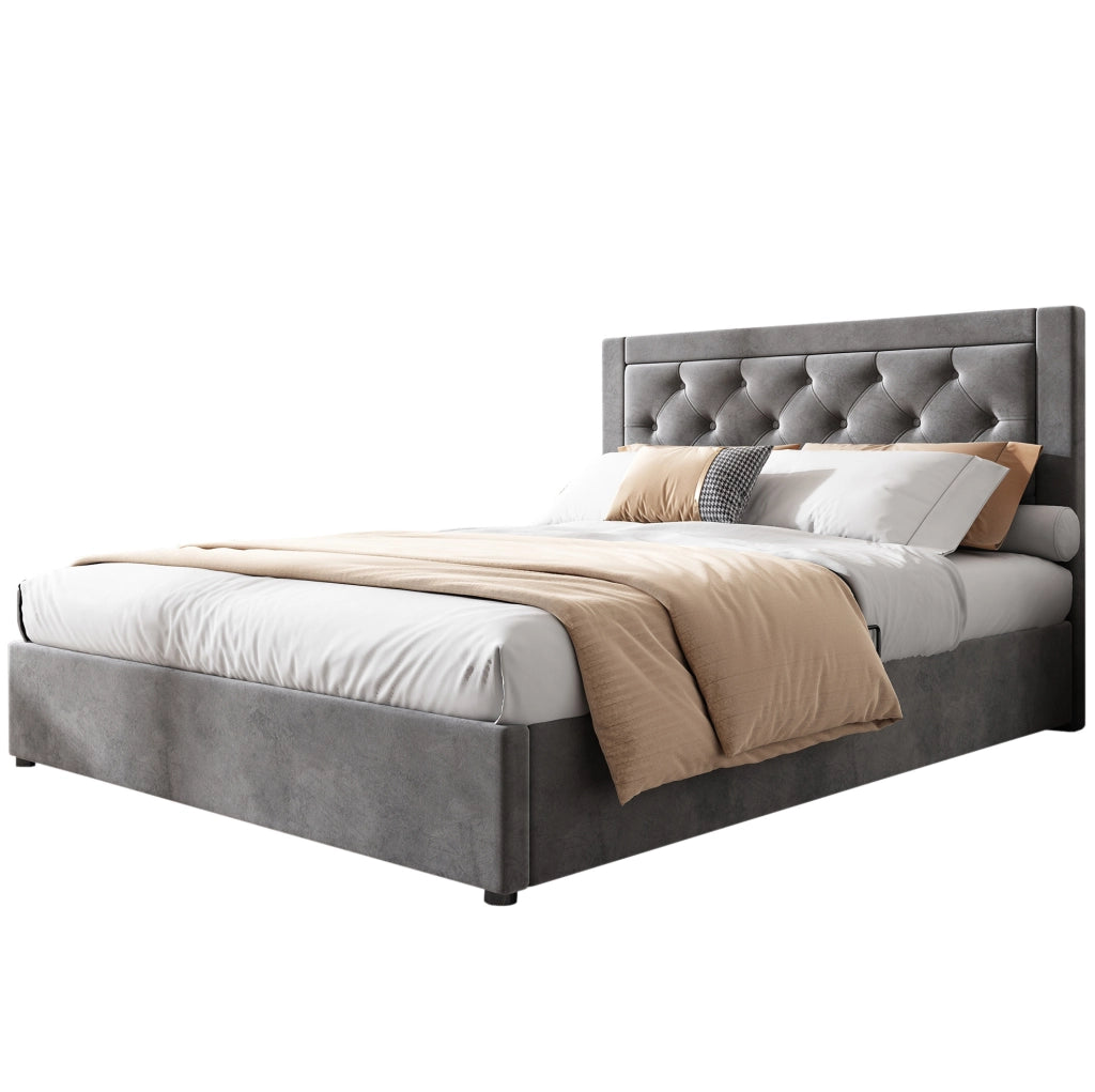 Letto imbottito 140x200 cm con contenitore laterale grigio