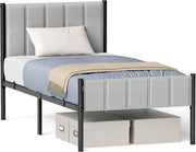 VASAGLE Struttura Letto Singolo, 90 x 200 cm, con Testiera Imbottita, Telaio del Letto, Doghe in Acciaio, Regge fino a 250 kg, Montaggio Facile, Grigio Tortora RMB972G01