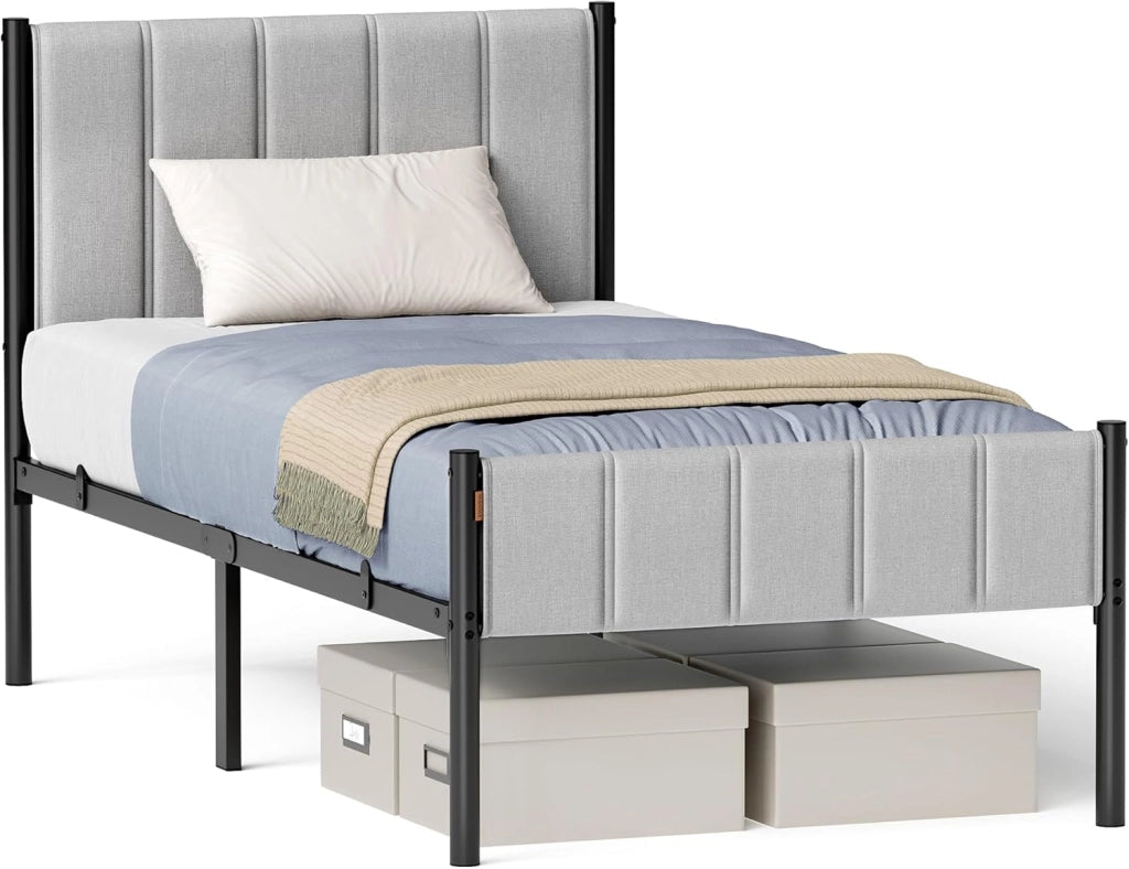 VASAGLE Struttura Letto Singolo, 90 x 200 cm, con Testiera Imbottita, Telaio del Letto, Doghe in Acciaio, Regge fino a 250 kg, Montaggio Facile, Grigio Tortora RMB972G01