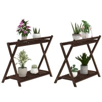 Set 2 Portapiante a 2 Livelli con Design a Doghe in Legno di Abete, 73x36x64 cm, Marrone Bruciato