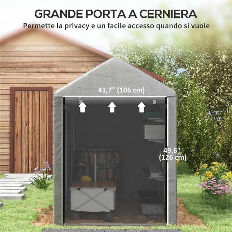 CAPANNO ATTREZZI TENDA GARAGE CON COPERTURA ANTI UV E TELAIO IN METALLO, 120X179X165CM, GRIGIO CHIARO